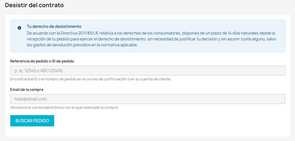 Formulario desistimiento PrestaShop
