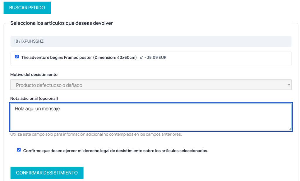 Formulario desistimiento de productos PrestaShop